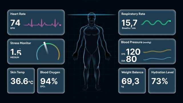 Human medical health dashboard UI. Animated futuristic body biometric scanner HUD displaying vital signs, heart rate, EKG and blood pressure data. High tech healthcare and AI medicine motion graphic.
