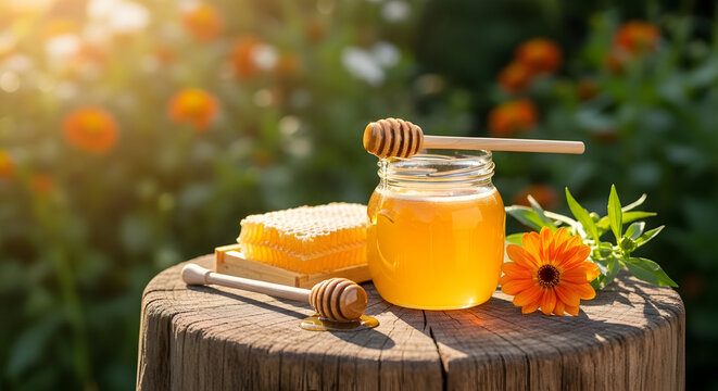Honey in a glass jar with honey dipper on a wooden stump
