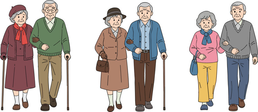 Elderly Couples Walking with Canes Set Senior People Characters Illustration for Retirement Lifestyle Healthcare Support and Aging Concept Design