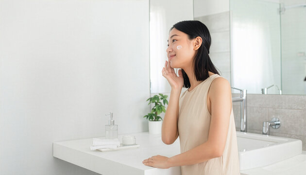 Asian woman applying moisturizing cream on her face in bathroom　洗面室で顔に保湿クリームを塗るアジア人女性　コピースペース付き