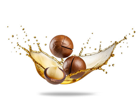 Macadamia nuts in oil splashes close-up isolated on a transparent background. Generative AI