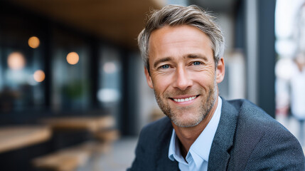 Obraz premium Successful mid-career businessman looking confidently at the camera, professional male portrait concept, modern lifestyle photography, defocused background, with copy space