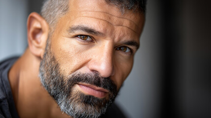 Obraz premium Conceptual close-up portrait of a man with a serious and determined gaze, strong male expression and resolve concept, defocused background, with copy space