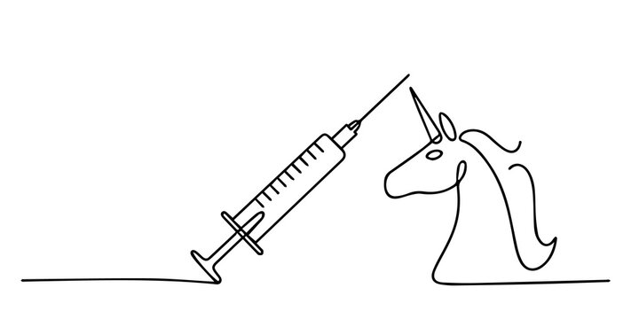 Unicorn and Syringe Continuous Line Art Medical Concept Illustration