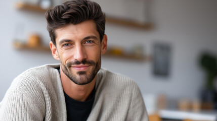Naklejka premium Young man with a friendly smile, well-groomed hair, and short beard in a confident expression and stylish casual outfit, studio portrait concept, defocused background, with copy space