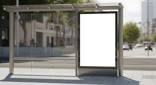 Blank white outdoor advertising billboard mockup at a modern city bus stop, ideal for promoting campaigns in an urban street environment during daytime