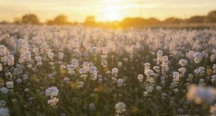 Fototapeta premium Field of small white flowers bathed in golden sunlight at dusk, hazy background