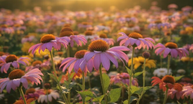 Field of purple coneflowers in golden sunlight, blurring background