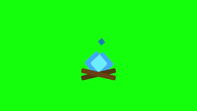 Animated geometric blue campfire icon, diamond-shaped flames flickering and pulsing, dark blue spark floating upwards, flat vector style, green screen background.