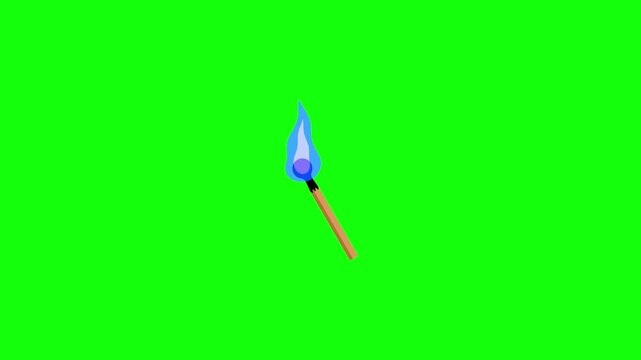 Animated 2D vector matchstick with a blue flame flickering gently, wooden stick, isolated on green screen background.