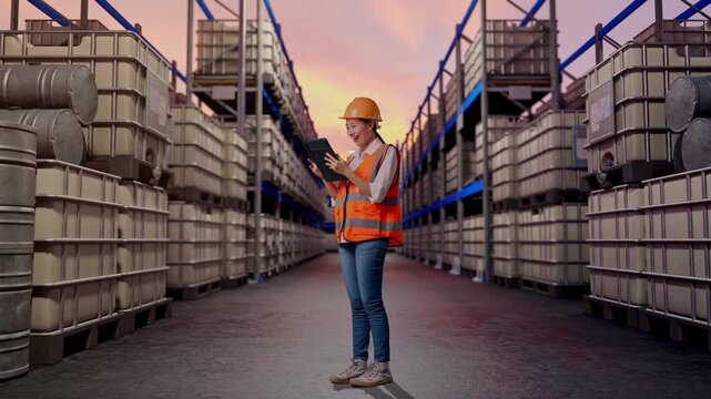 Full Body Side View Of Asian Female Engineer With Safety Helmet Working On A Tablet While Standing at Warehouse with Containers and Barrels