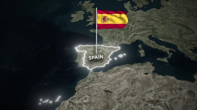 Spain Map Animation with Waving of Spain National Flag and Glowing Border on World Map