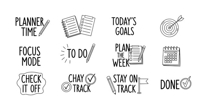 Set of minimalistic doodle stickers about planning and time management: planner time, today's goals, focus mode, check it off; concept of organization, productivity, and achievement
