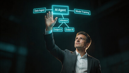 Businessman Interacting with AI Agent Architecture Diagram: High-Tech Concept of Data Ingest, Model Training, and Inference Workflow in a Virtual Interface
