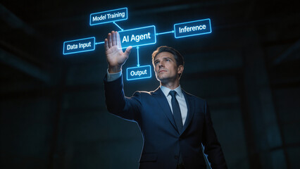 Focused Professional Analyzing Guardrails in AI Agent Workflow: Virtual Interface Showing Data Compliance, Model Training, and Task Execution for Safe Artificial Intelligence
