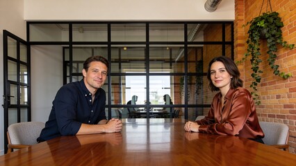 Confident Business Partners at Boardroom Table: Professional Businessman and Businesswoman in Modern Urban Office with Industrial Brick Wall and Natural Light