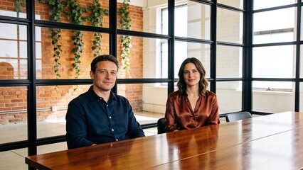 Professional Business Partners in Modern Industrial Office: Confident Businessman and Businesswoman Sitting at Boardroom Table in Bright Urban Workspace