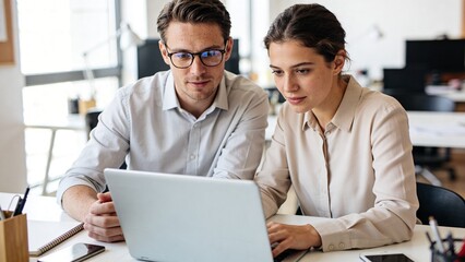 Professional Young Colleagues Collaborating on Laptop: Focused Business Man and Woman in Smart Casual Attire Working in Bright Modern Open-Plan Office