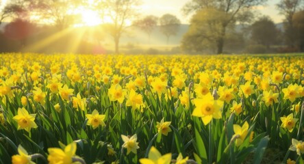 Fototapeta premium Sunlight bursts over a field of vibrant yellow flowers, trees in the background, a serene scene