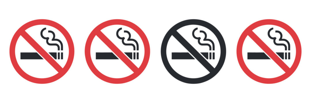 No Smoking Signs, cigarette smoke forbidden no smoking area warning ban tobacco symbols prohibit nicotine icons vector illustration eps10 simple flat style health safety design