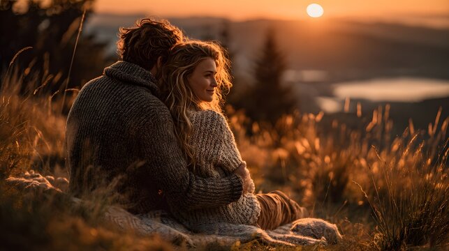 Verliebtes Paar sitzt im warmen Sonnenlicht bei Sonnenuntergang in den Bergen