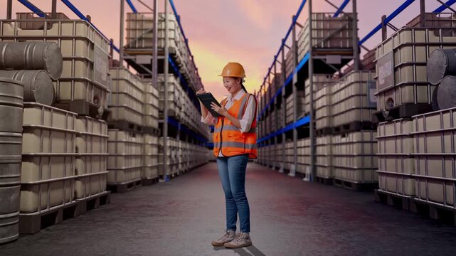 Full Body Side View Of Asian Female Engineer With Safety Helmet Taking Note On The Tablet And Looking Around While Standing at Warehouse with Containers and Barrels