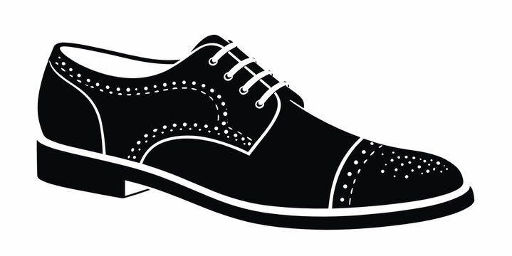 Black wingtip oxford shoe silhouette with brogue perforation detail, perfect for mens fashion branding, formal style graphics, wedding wear, and classic footwear collections.
