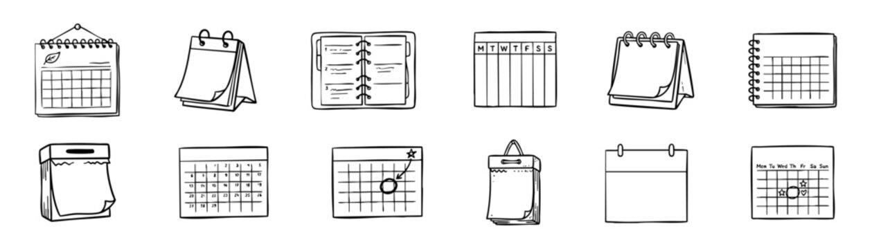 Hand drawn calendar icons illustrating planning, important dates, and appointment reminders. Organizing events, meetings, and project deadlines