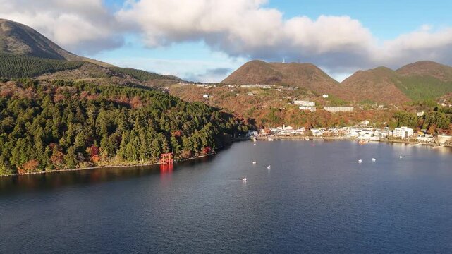 Lake Ashi | Hakone Town | Torii Gate | Autumn - 4K Aerial Video
