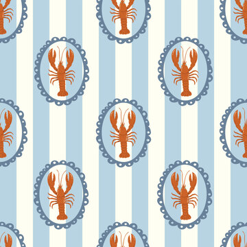Hand drawn vintage lobster sea food seamless pattern. Marine animal background illustration with crawfish, restaurant cooking ingredient wallpaper texture print