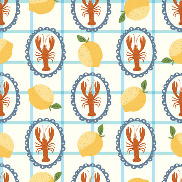 Hand drawn vintage lobster sea food seamless pattern. Marine animal background illustration with crawfish, restaurant cooking ingredient wallpaper texture print