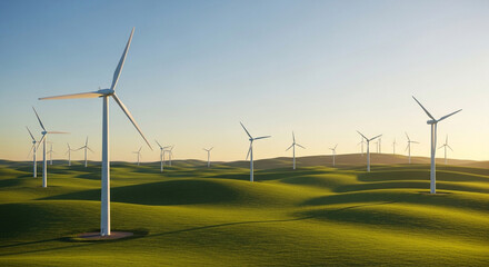Fototapeta premium Wind Turbines on Rolling Green Hills at Sunset - Renewable Energy and Sustainable Power Generation Landscape