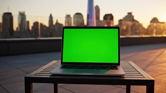 Modern laptop with a vibrant green screen for content insertion, sitting on an outdoor table overlooking a glowing city skyline at golden hour