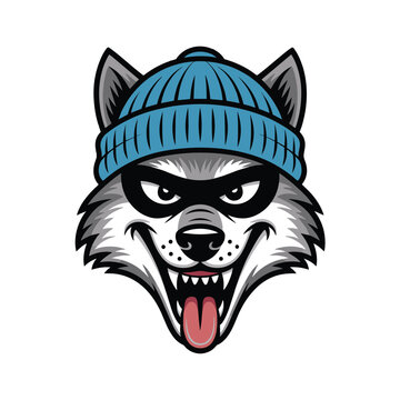 Wolf wearing beanie mask cartoon mascot head