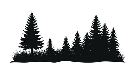 Dark forest scene with evergreen trees and grassy foreground silhouette © RKGolam