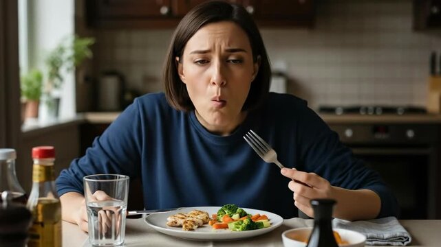 Woman experiencing loss of taste while eating a bland meal, suffering from anosmia or dysgeusia, distress due to inability to savor food, health symptom, medical condition