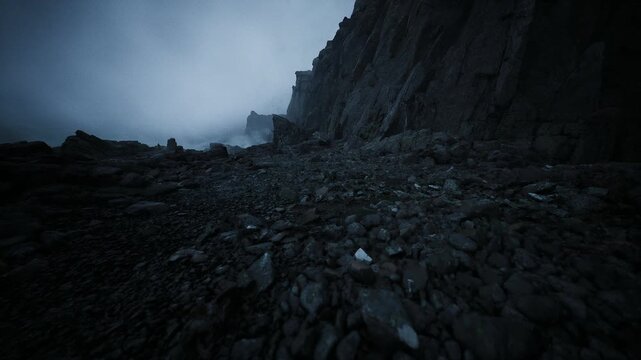 stormy pebble beach under heavy fog, coastal geologist mapping strata, torch beam cutting mist, tidal pools reflecting dull light, rugged granite textures,