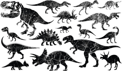 Dinosaurs vector illustration set featuring prehistoric animals, including tyrannosaurus, stegosaurus, triceratops and raptors, detailed dino collection for education, kids design and creative project © Raxzen
