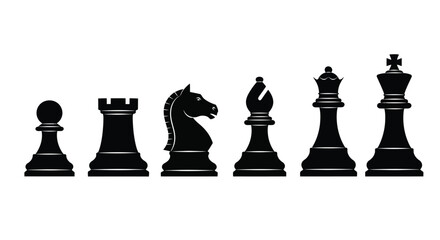 Black chess pieces arranged in a row pawn rook knight bishop queen king © Ferdous_Studio