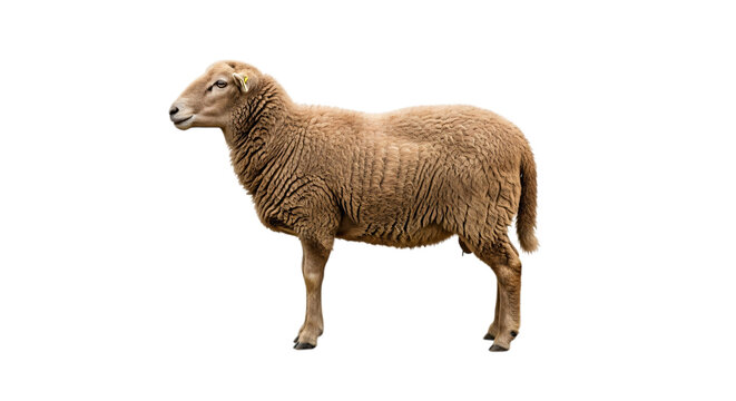 Brown sheep standing on white background looking to the side profile view transparent background