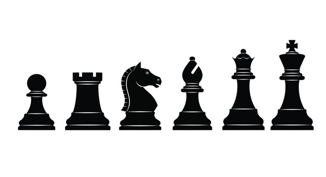 Black chess pieces arranged in a row pawn rook knight bishop queen king
