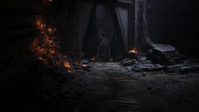 shadowy cavern entrance dotted with embers and moss, shaman ritual altar illuminated by scattered candles, cold stone steps leading to dark staircase, soot