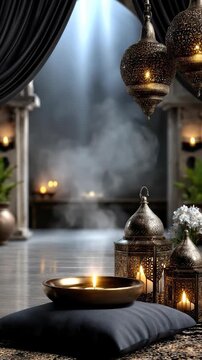 Reflective, spiritual Islamic celebration, traditional ornate lanterns, warm glowing candles, aromatic smoke creating a peaceful ambiance for a profound Muslim holiday festival, sacred observance