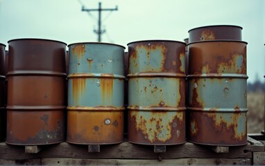 Obraz premium A collection of weathered and rusty metal barrels stacked together, showcasing their aged patina against a muted background.