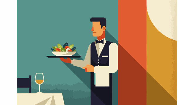 Modern flat art waiter serving in restaurant setting