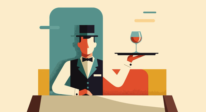 Art deco waiter holding wine glass in stylish geometric setting