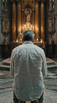 Devoted worshiper kneels humbly in sacred sanctuary, expressing deep repentance, seeking divine forgiveness, finding spiritual redemption, solace, and inner peace during solemn prayer