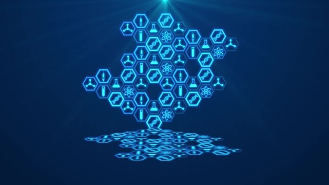 Futuristic Glowing Blue Scientific And Medical Icons In A Hexagonal Grid Structure Floating Over A Dark Blue Background With A Digital Reflection. The High-tech Biotechnology Concept Art Features