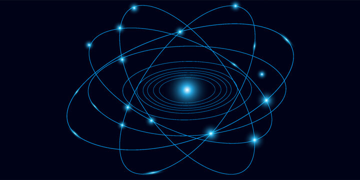 Abstract atomic structure concept for scientific research presentation. Futuristic glowing atom featuring blue elliptical rings circling a radiant central core on black background. Vector illustration
