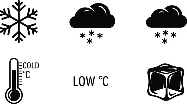 Black and white weather icons depicting winter conditions and cold temperatures